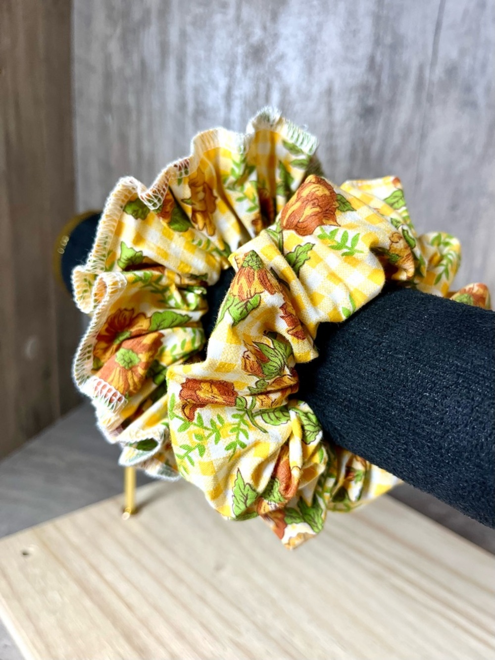 Vintage Fabric Scrunchies OOAK Handmade Yellow Green Floral Plaid Cotton 2 Pair